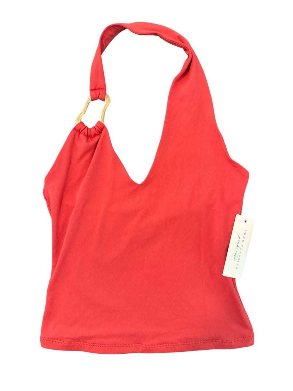 🔥NWT Pink Rose Luxe Contour Hibiscus/Orange Halter Top XS Gold Ring Detail